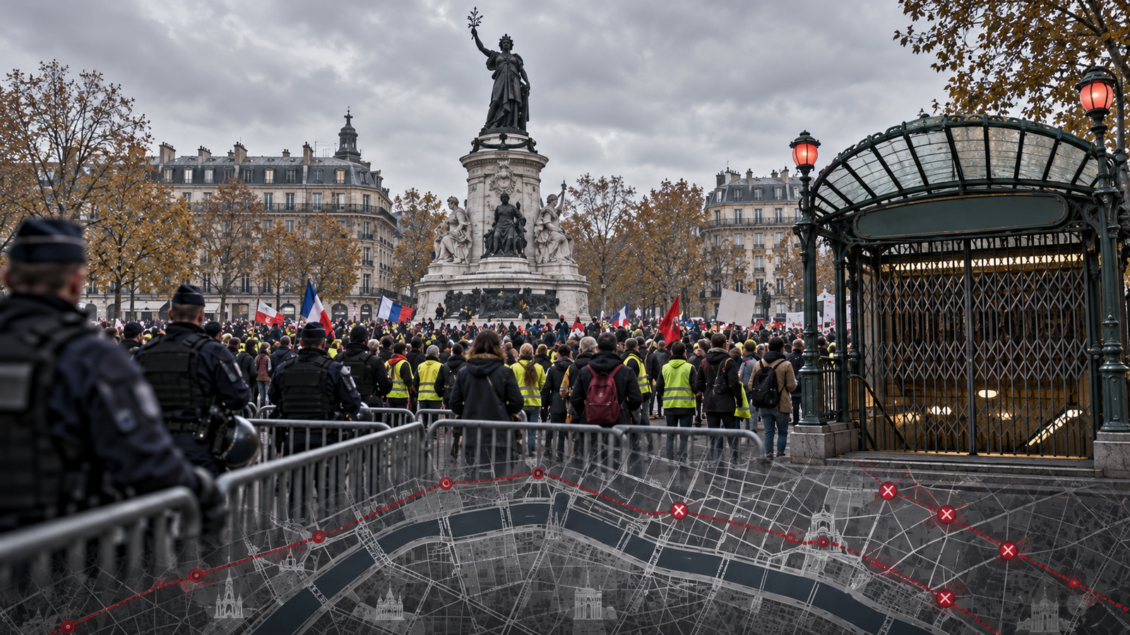 Paris gösterileri, sarı yelekliler, polis önlemleri ve metro kapanışlarını bir araya getiren yapay zekâ üretimi editoryal kompozit