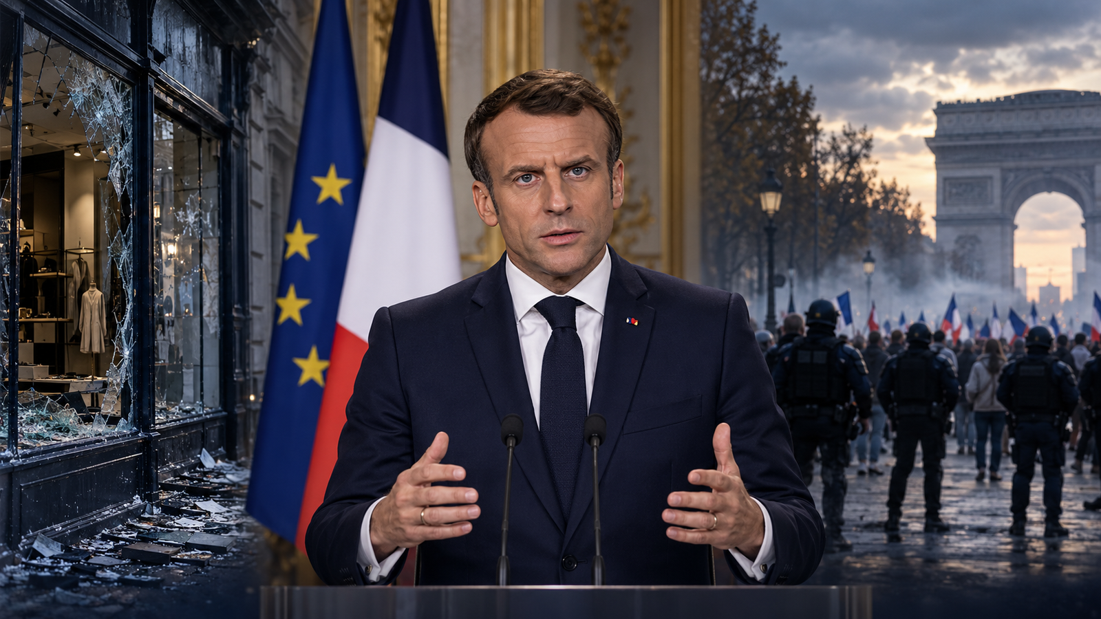 Emmanuel Macron, Fransa ve Avrupa Birliği bayrakları, hasarlı vitrin ve gösteri atmosferini bir araya getiren yapay zekâ üretimi editoryal kompozit
