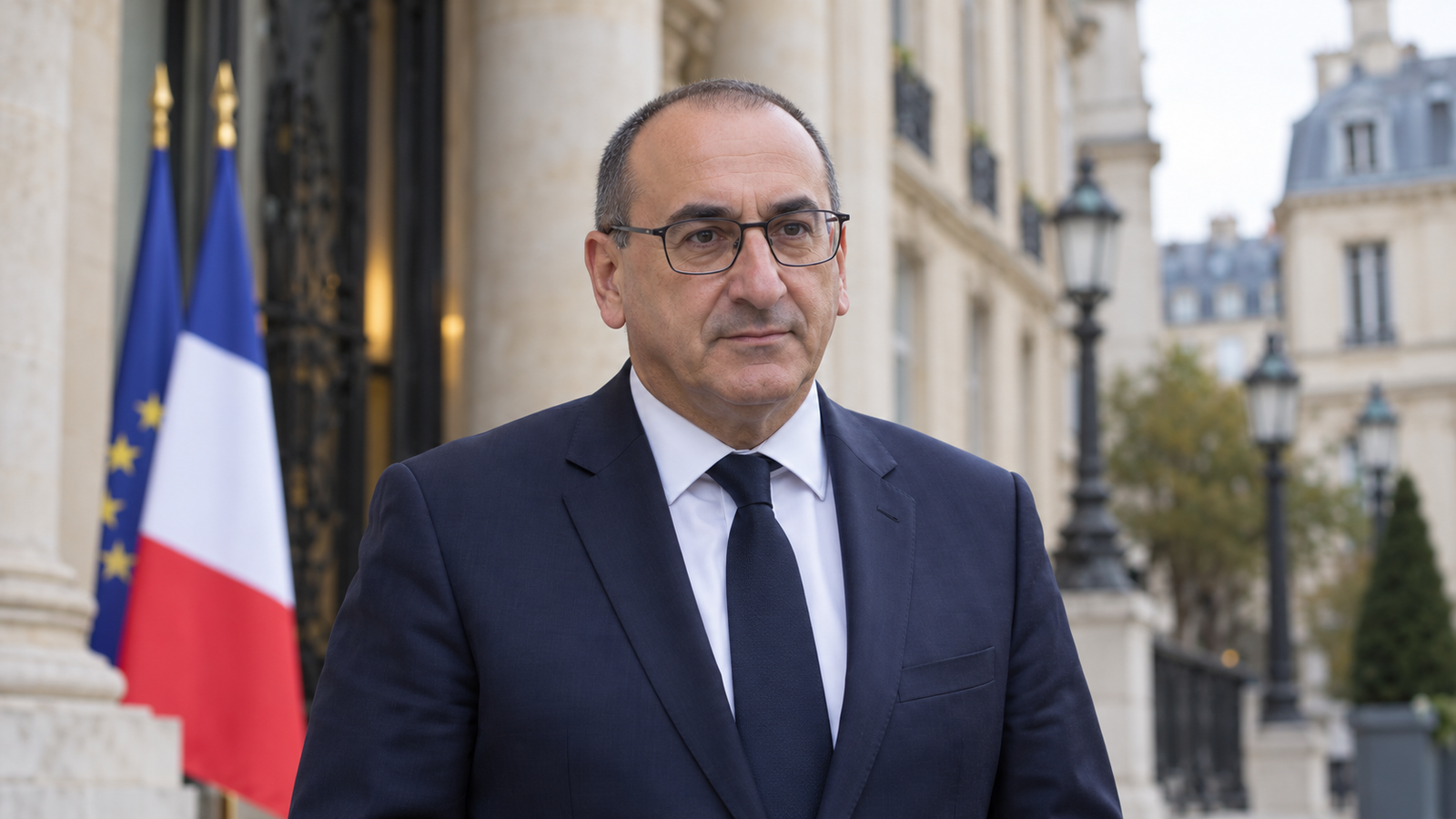 Laurent Nuñez’i Fransız kamu binası ve bayraklar önünde gösteren yapay zekâ üretimi editoryal portre