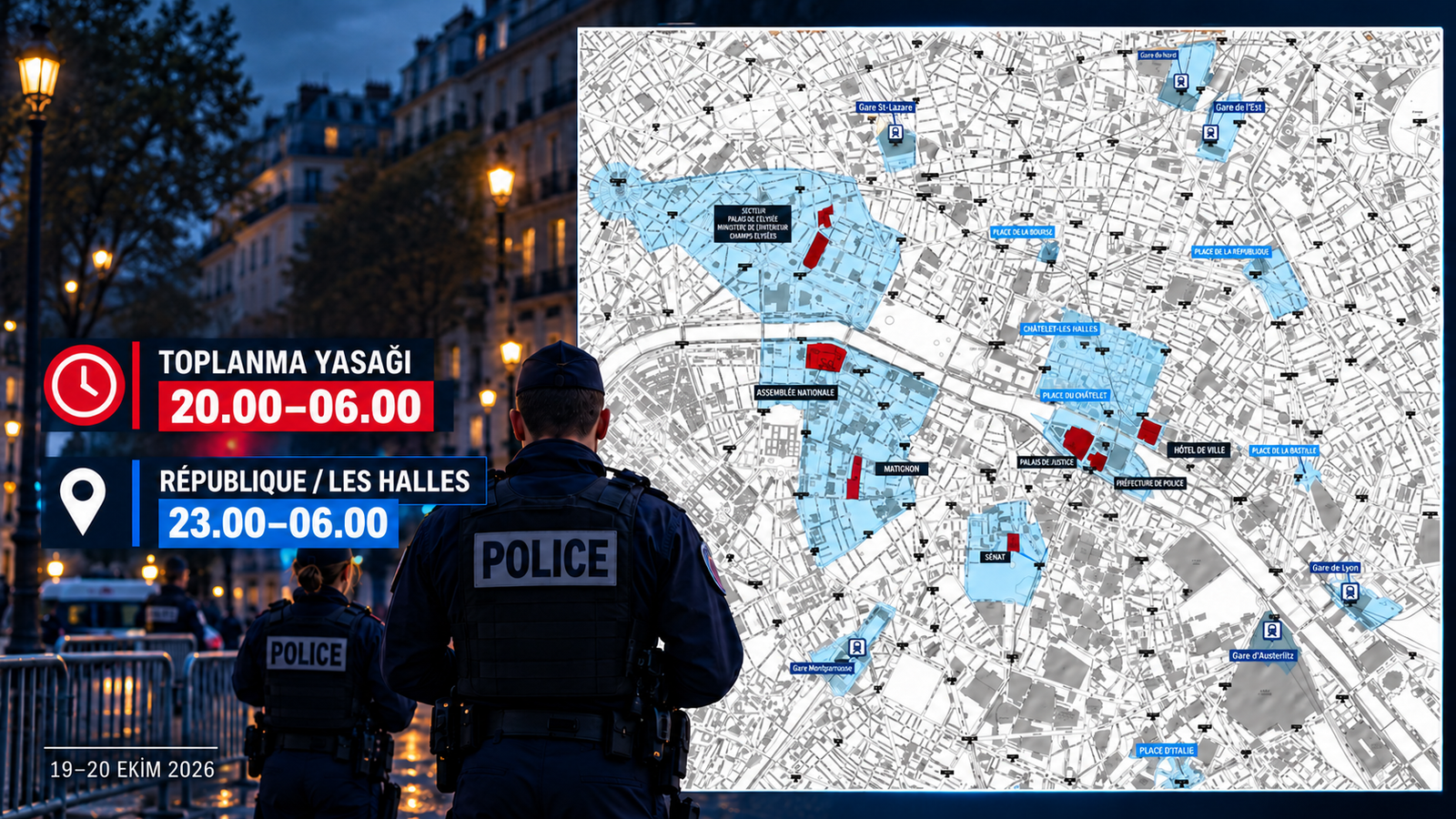Paris haritası, polis barikatı ve farklı kısıtlama saatlerini gösteren editoryal kompozisyon