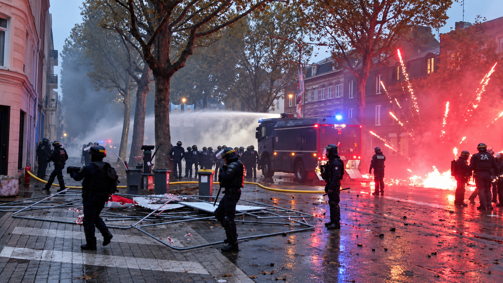 Fransa’daki protestolarda polis ve tazyikli su aracı; kullanıcının video karesinden yapay zekâyla düzenlenen görsel.