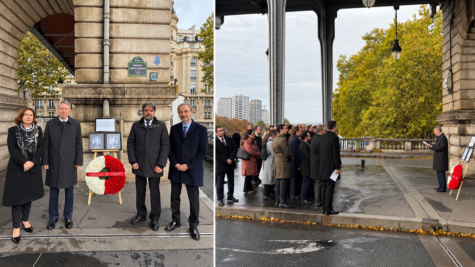 Bir-Hakeim Köprüsü’ndeki anma töreninden grup fotoğrafı ve konuşma anını birleştiren, iki kaynak fotoğraf üzerinden yapay zekâ destekli hazırlanmış yatay kolaj.