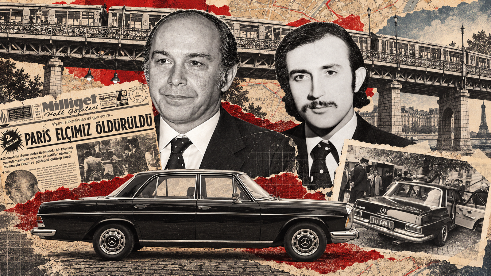 İsmail Erez ve Talip Yener’in portreleri, Bir-Hakeim Köprüsü, siyah Mercedes ve dönem gazete kupürlerinden oluşturulan yapay zekâ destekli arşiv kolajı.
