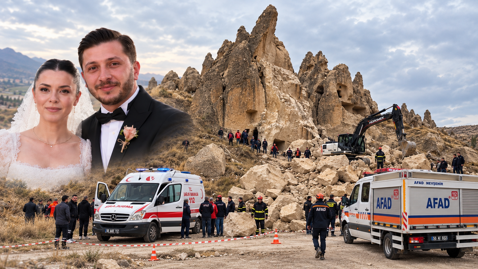 Kapadokya’daki kaya düşmesi haberine ilişkin AFAD aracı, ambulans, ekskavatör, ekipler ve Tuna çiftinin portresini birleştiren, yapay zekâ ile düzenlenmiş editoryal kolaj.