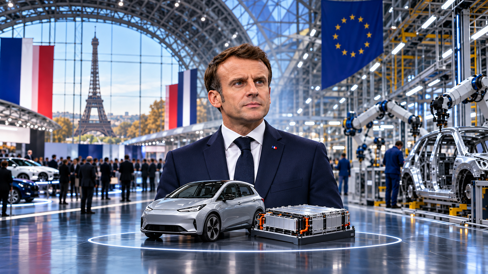 Emmanuel Macron, elektrikli otomobil ve batarya üretimini bir araya getiren temsili editoryal kompozisyon.