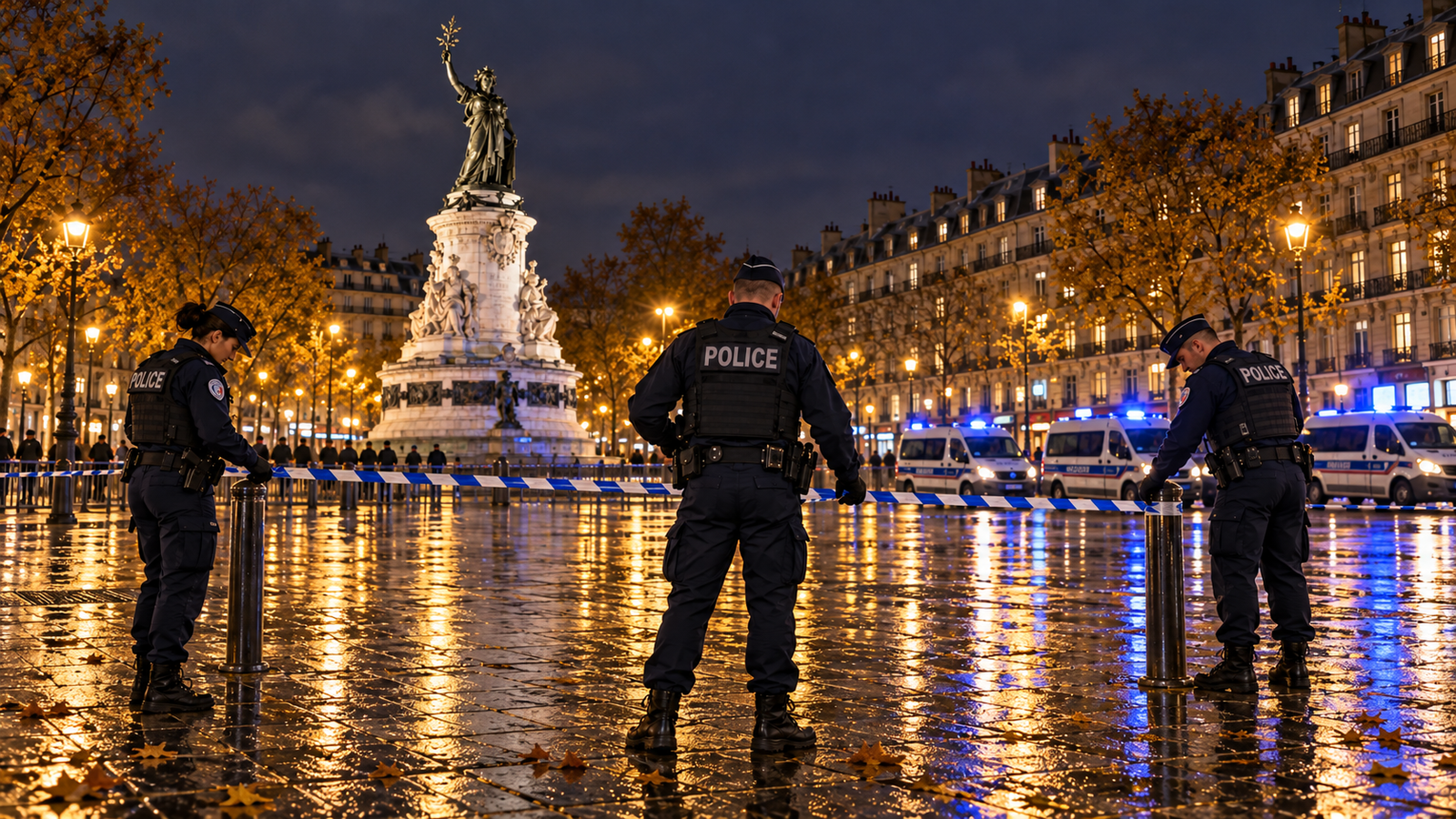 République Meydanı’nda polis güvenlik kordonunu gösteren yapay zekâ destekli temsili editoryal görsel