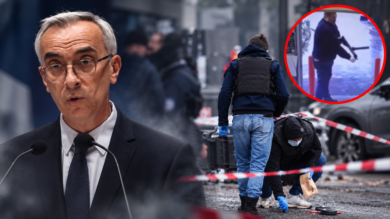 Savcı Olivier Christen, olay yeri inceleme ekipleri ve kırmızı daire içinde saldırganın güvenlik kamerası görüntüsünden oluşan temsili editoryal kolaj.