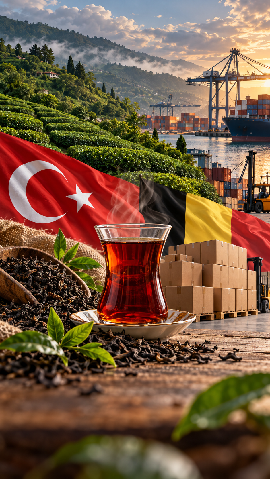 Türk çayı ihracatında Belçika pazarını anlatan çay bardağı, ihracat kolileri ve ulusal renklerden oluşan temsili kompozisyon