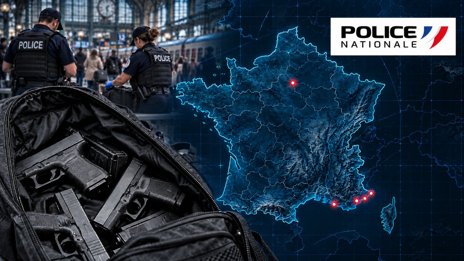 Fransa haritasında operasyon şehirlerini gösteren kırmızı noktalar, Police nationale logosu, polis kontrolü ve çanta içindeki tabancalardan temsili kolaj.