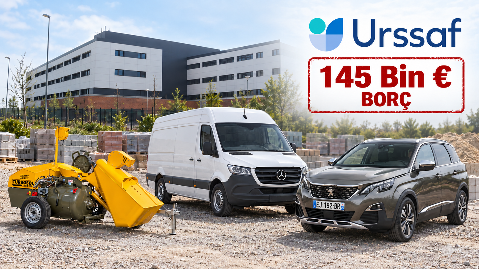 URSSAF logosu ve binası, 145 Bin € BORÇ yazısı ile harç makinesi, panelvan ve otomobilin temsili kolajı.